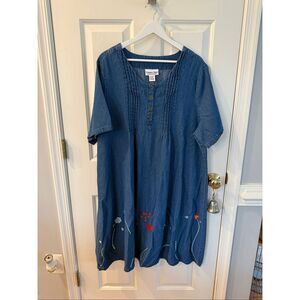 Country Store Vintage Denim Floral Embroidered Short Sleeve Dress sz 2X EUC